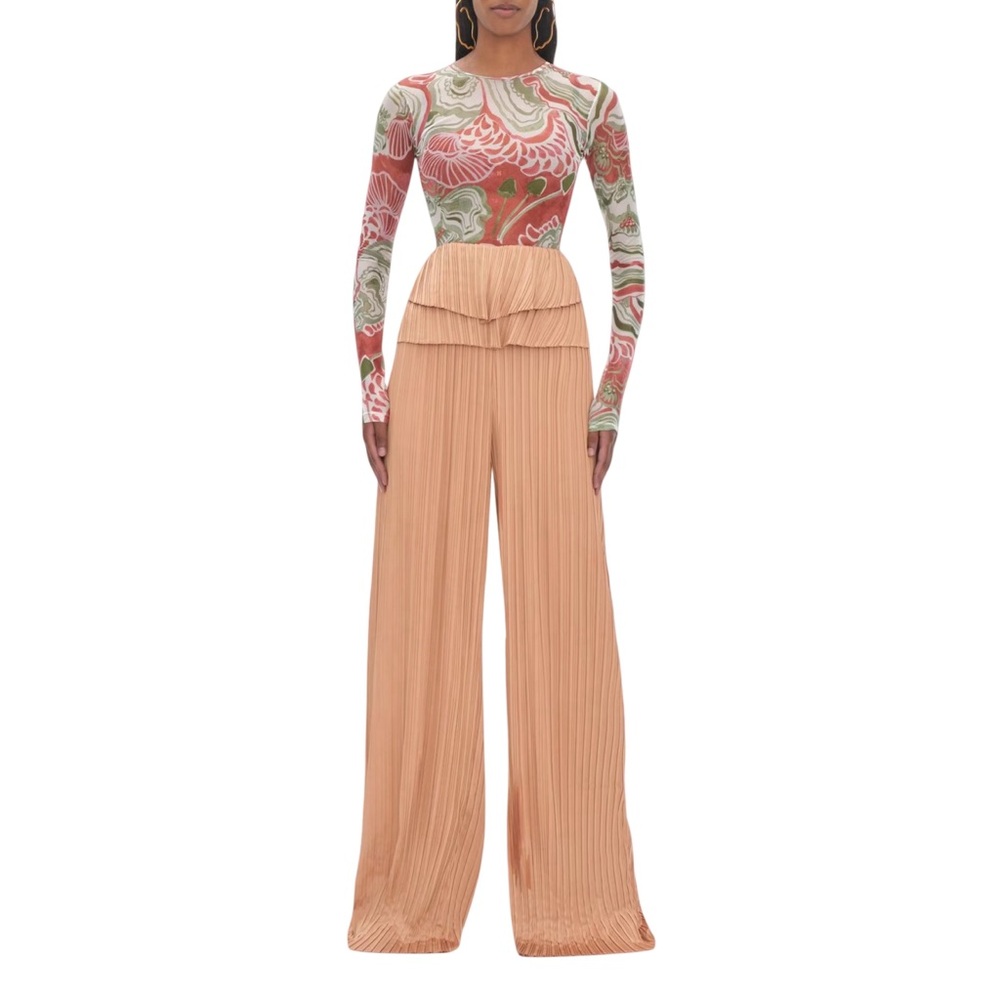 NWT Andrea‎ Iyamah Linea Toffee Pleated Wide-Leg Pants Peplum Waist